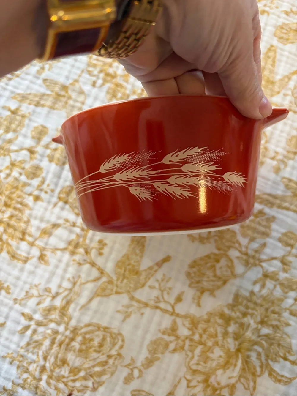 Pyrex “Autumn Harvest”Orange Wheat-Pattern Casserole with Clear Glass Lid